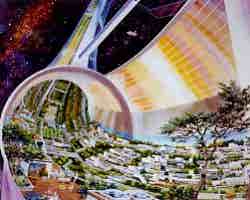 NASA space colony art from the 1970s, by __Rick Guidice__. Embedded thumbnail allows avoiding the ~25 megapixel.